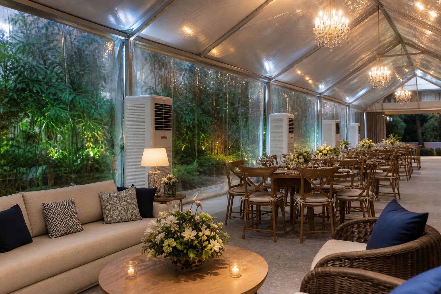 Climatização em tendas com fechamento lateral para eventos mais confortáveis